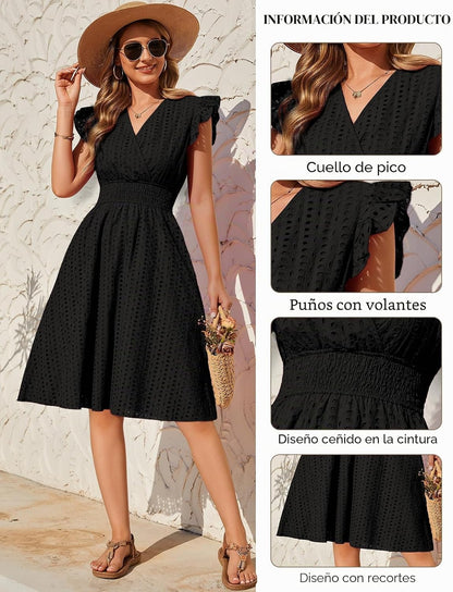 Dresses Summer Women Sleeveless Dresses Short V Neck Cotton Elegant Ruffle Sleeve Dress High Elastic Waist Mini Beach Dress Loose Casual with Pockets