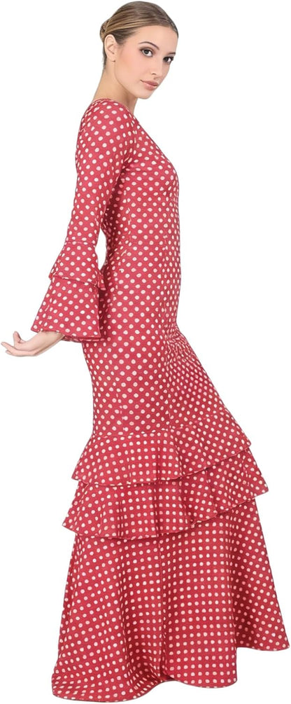 Flamenco Dress Woman Long - Sevillana Adult with Polka Dots and Bell Sleeves - Elegant Andalusian Costume for Fair and Dance