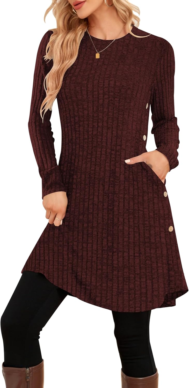SENBATU Vestido de Manga Larga para Mujer Estilo Jersey de Invierno túnica con Botones Laterales y Bolsillos