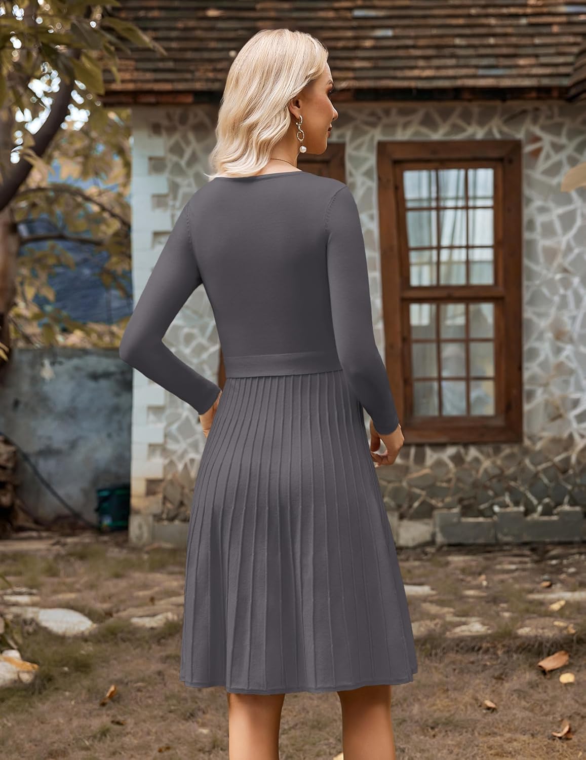 Zeagoo Vestido de punto para mujer, cuello en V, manga larga, vestido de invierno, línea A, plisado, elegante, túnica con cinturón, S-XXL