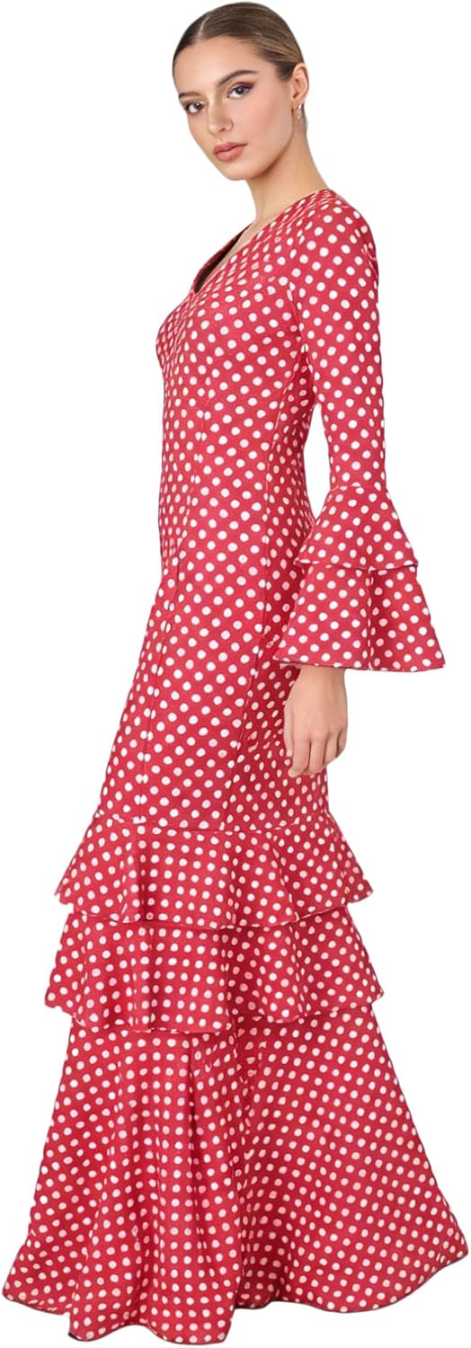 Flamenco Dress Woman Long - Sevillana Adult with Polka Dots and Bell Sleeves - Elegant Andalusian Costume for Fair and Dance