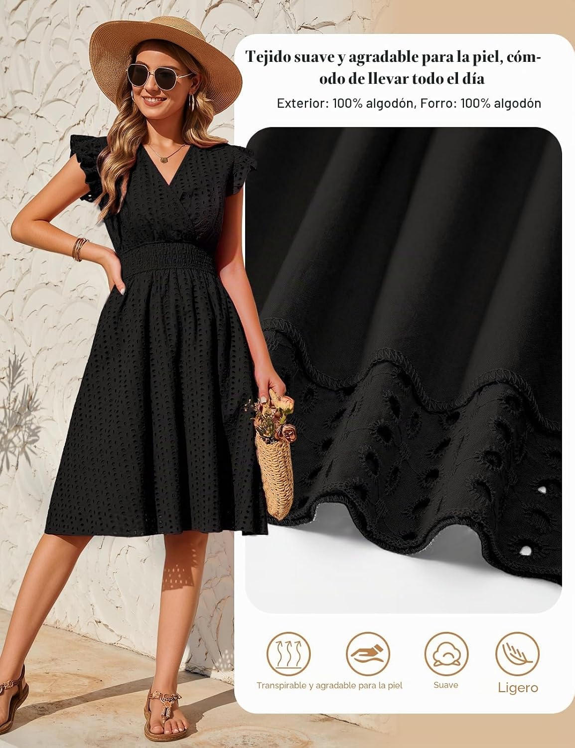 Dresses Summer Women Sleeveless Dresses Short V Neck Cotton Elegant Ruffle Sleeve Dress High Elastic Waist Mini Beach Dress Loose Casual with Pockets