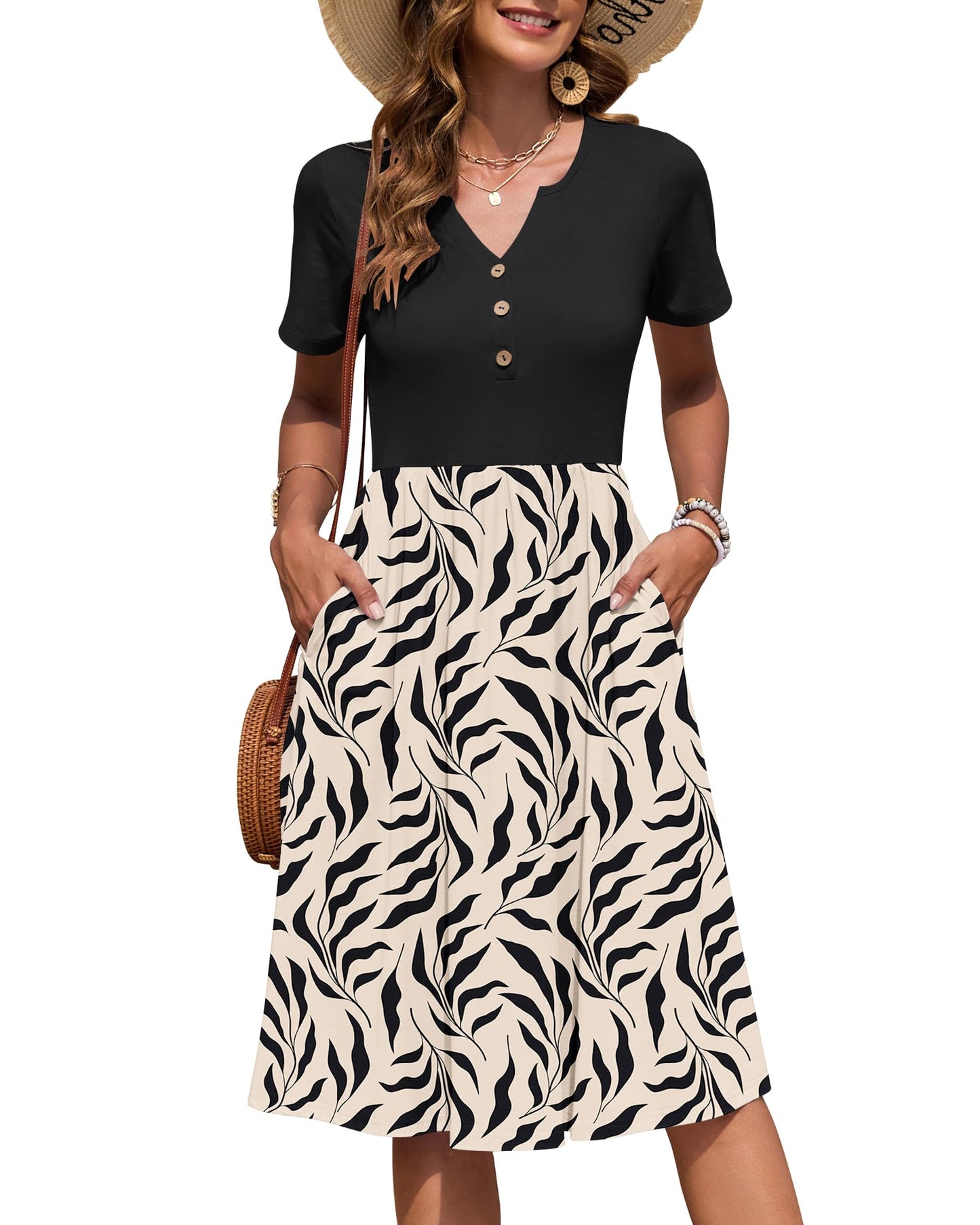 AUSELILY Women's Short Sleeve Summer Dress Knee Length Pockets | V Neck, Empire Casual Style, Button Down Dresses