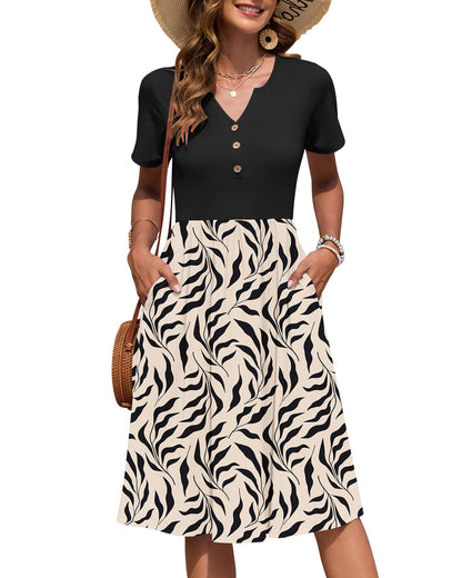 AUSELILY Women's Short Sleeve Summer Dress Knee Length Pockets | V Neck, Empire Casual Style, Button Down Dresses