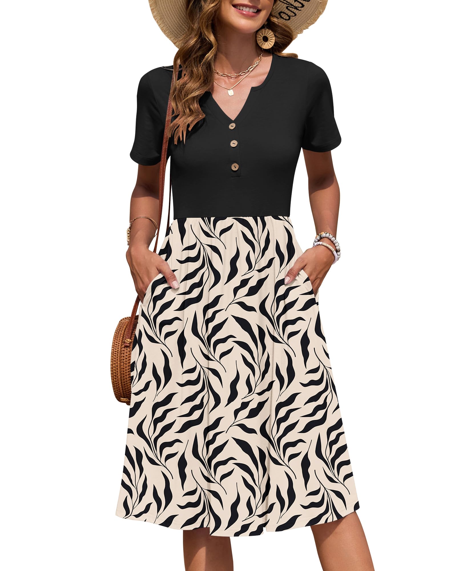 AUSELILY Women's Short Sleeve Summer Dress Knee Length Pockets | V Neck, Empire Casual Style, Button Down Dresses