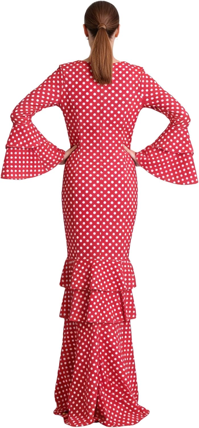Flamenco Dress Woman Long - Sevillana Adult with Polka Dots and Bell Sleeves - Elegant Andalusian Costume for Fair and Dance