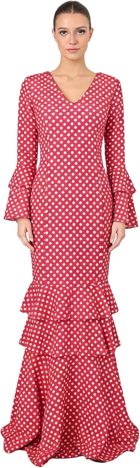 Flamenco Dress Woman Long - Sevillana Adult with Polka Dots and Bell Sleeves - Elegant Andalusian Costume for Fair and Dance