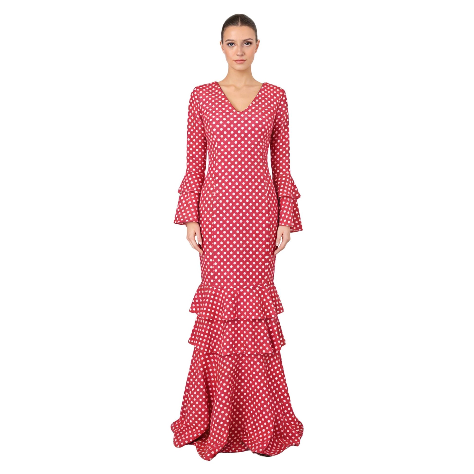 Flamenco Dress Woman Long - Sevillana Adult with Polka Dots and Bell Sleeves - Elegant Andalusian Costume for Fair and Dance