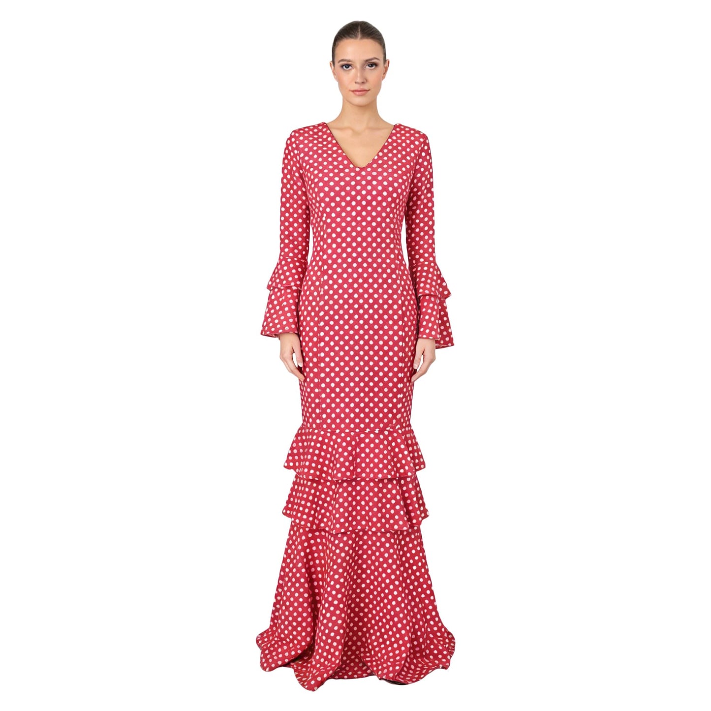 Flamenco Dress Woman Long - Sevillana Adult with Polka Dots and Bell Sleeves - Elegant Andalusian Costume for Fair and Dance