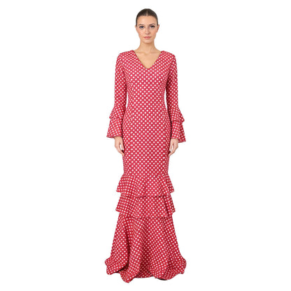 Flamenco Dress Woman Long - Sevillana Adult with Polka Dots and Bell Sleeves - Elegant Andalusian Costume for Fair and Dance
