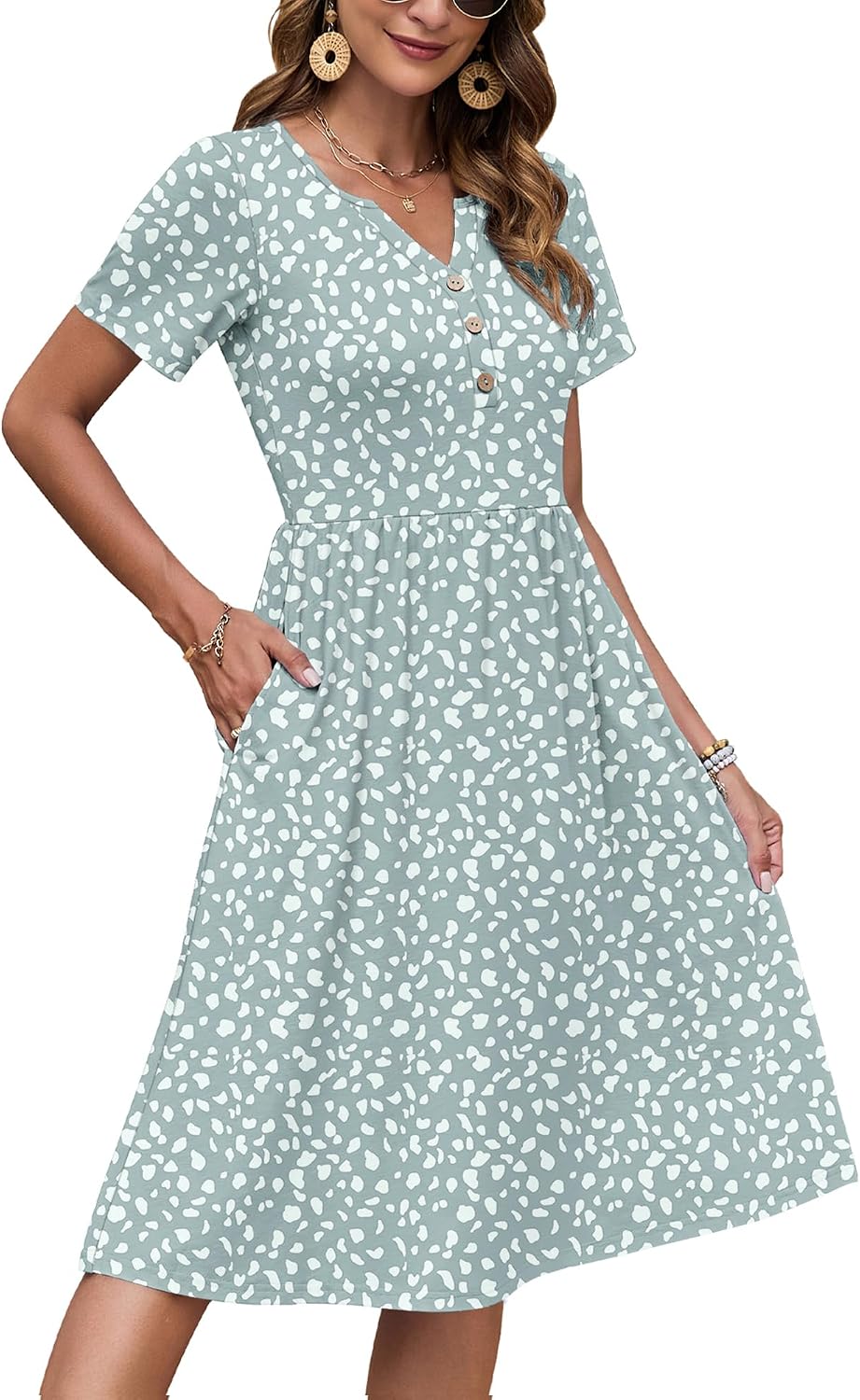 AUSELILY Women's Short Sleeve Summer Dress Knee Length Pockets | V Neck, Empire Casual Style, Button Down Dresses