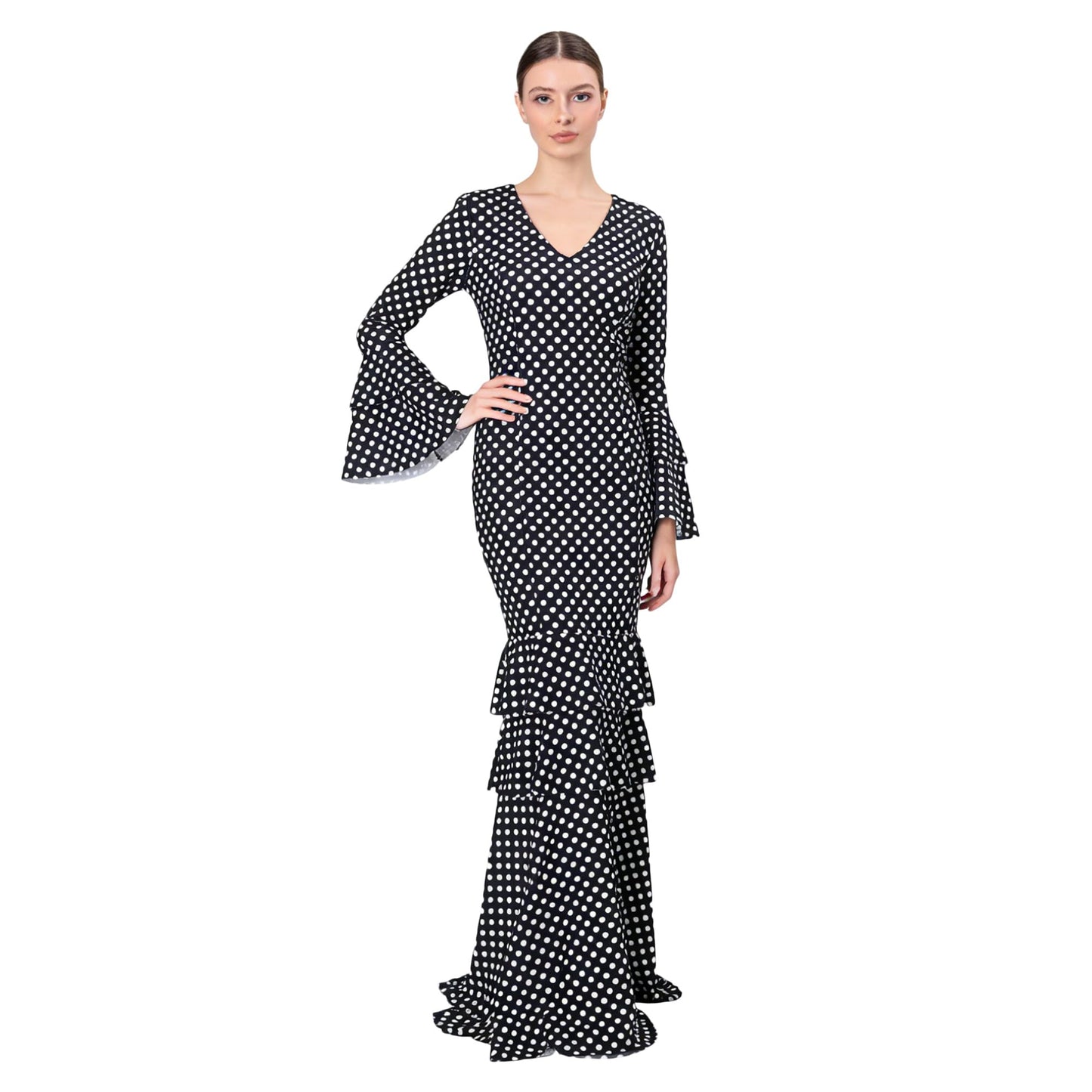 Flamenco Dress Woman Long - Sevillana Adult with Polka Dots and Bell Sleeves - Elegant Andalusian Costume for Fair and Dance