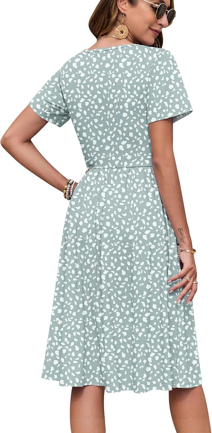 AUSELILY Women's Short Sleeve Summer Dress Knee Length Pockets | V Neck, Empire Casual Style, Button Down Dresses