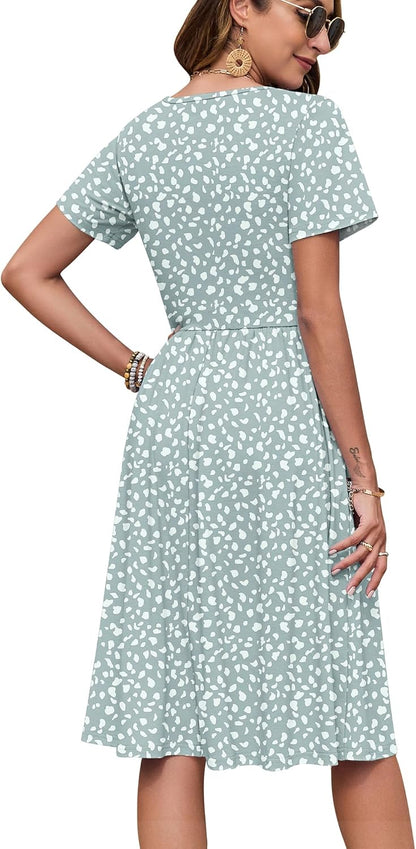 AUSELILY Women's Short Sleeve Summer Dress Knee Length Pockets | V Neck, Empire Casual Style, Button Down Dresses