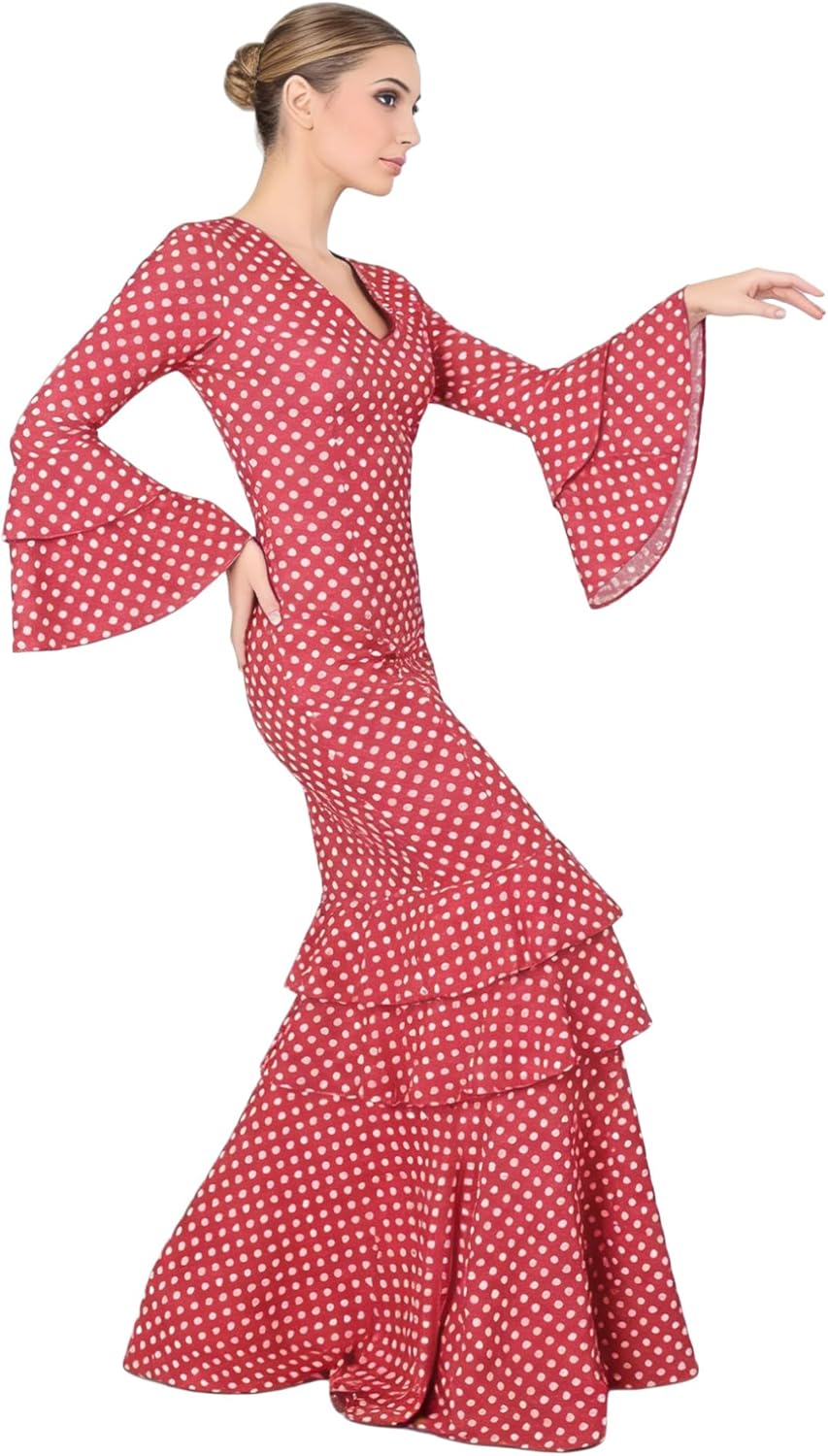 Flamenco Dress Woman Long - Sevillana Adult with Polka Dots and Bell Sleeves - Elegant Andalusian Costume for Fair and Dance