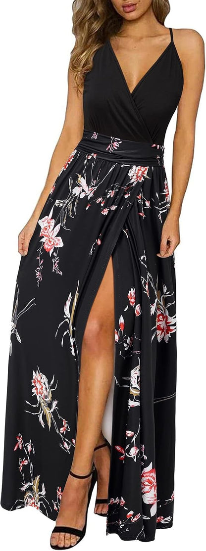 Newshows Women's Summer Dress V Neck Long Slit Maxi Elegant Wedding Guest Dress