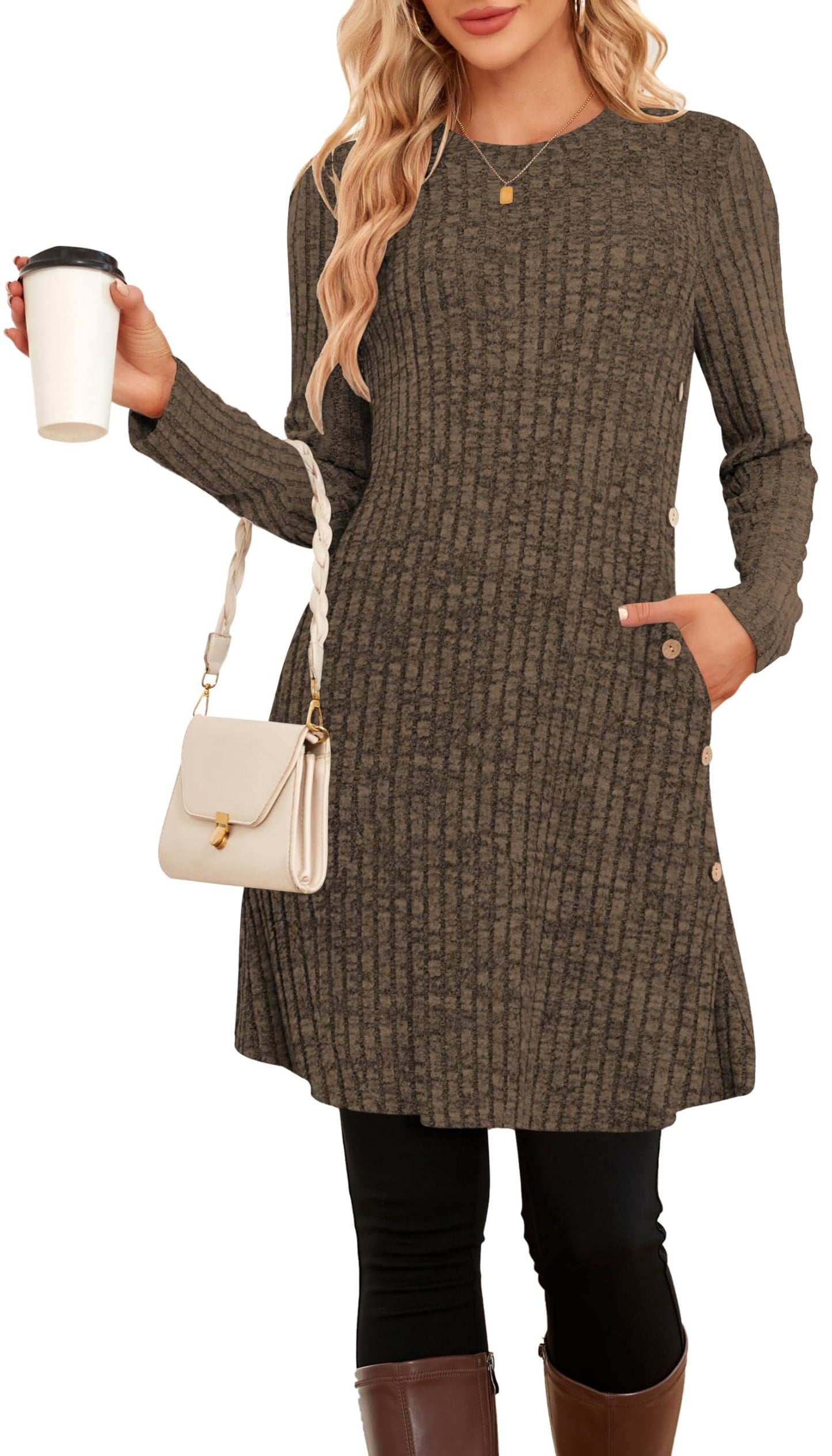 SENBATU Vestido de Manga Larga para Mujer Estilo Jersey de Invierno túnica con Botones Laterales y Bolsillos