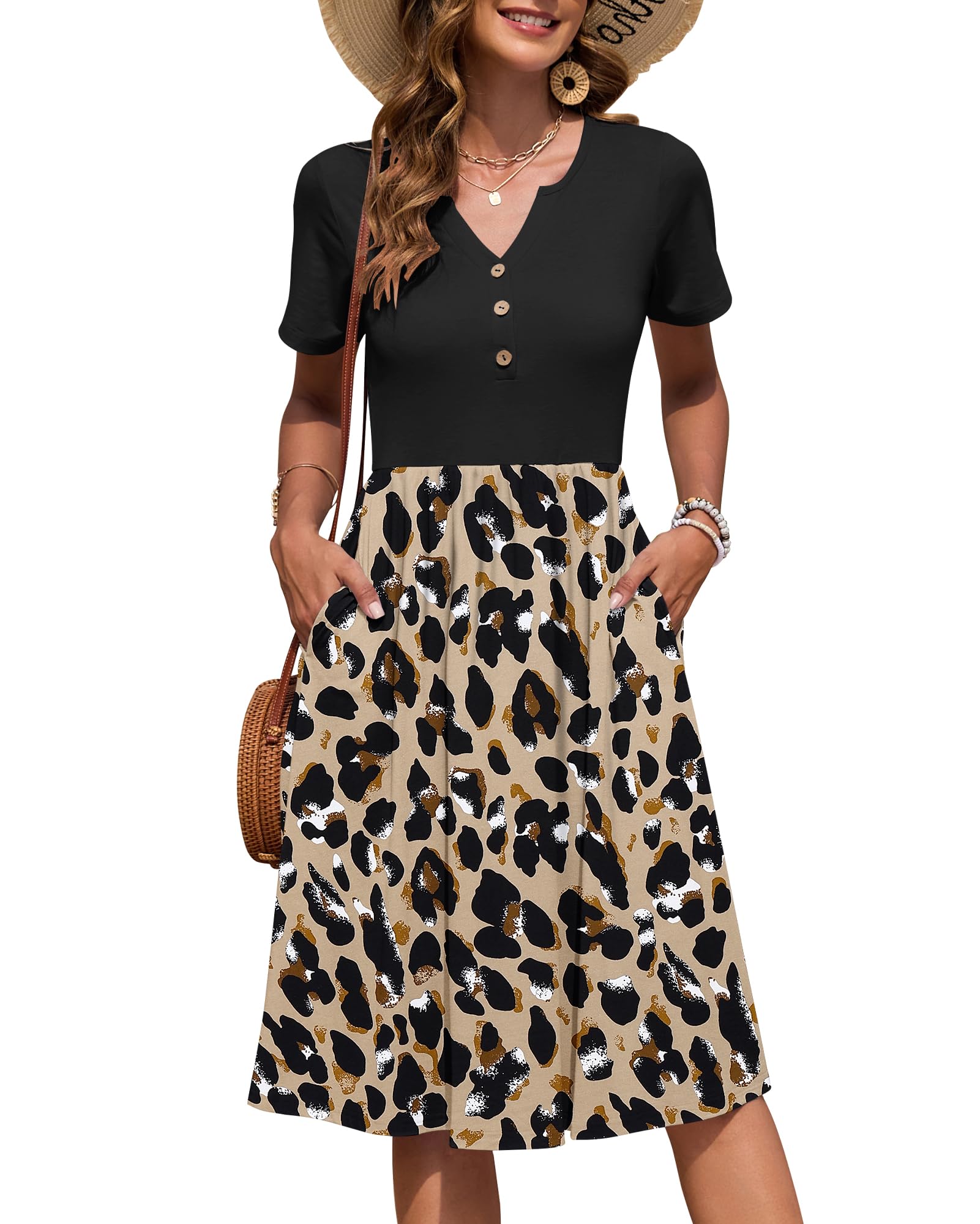 AUSELILY Women's Short Sleeve Summer Dress Knee Length Pockets | V Neck, Empire Casual Style, Button Down Dresses
