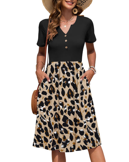 AUSELILY Women's Short Sleeve Summer Dress Knee Length Pockets | V Neck, Empire Casual Style, Button Down Dresses