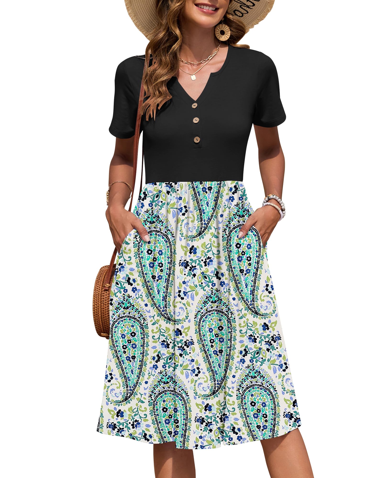 AUSELILY Women's Short Sleeve Summer Dress Knee Length Pockets | V Neck, Empire Casual Style, Button Down Dresses