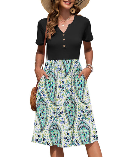 AUSELILY Women's Short Sleeve Summer Dress Knee Length Pockets | V Neck, Empire Casual Style, Button Down Dresses