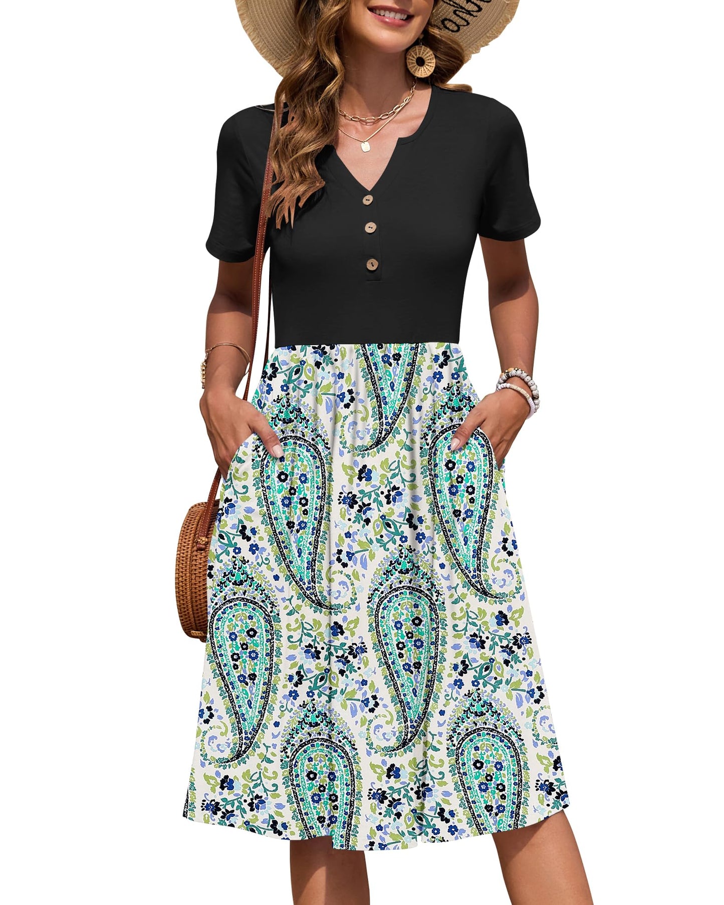 AUSELILY Women's Short Sleeve Summer Dress Knee Length Pockets | V Neck, Empire Casual Style, Button Down Dresses