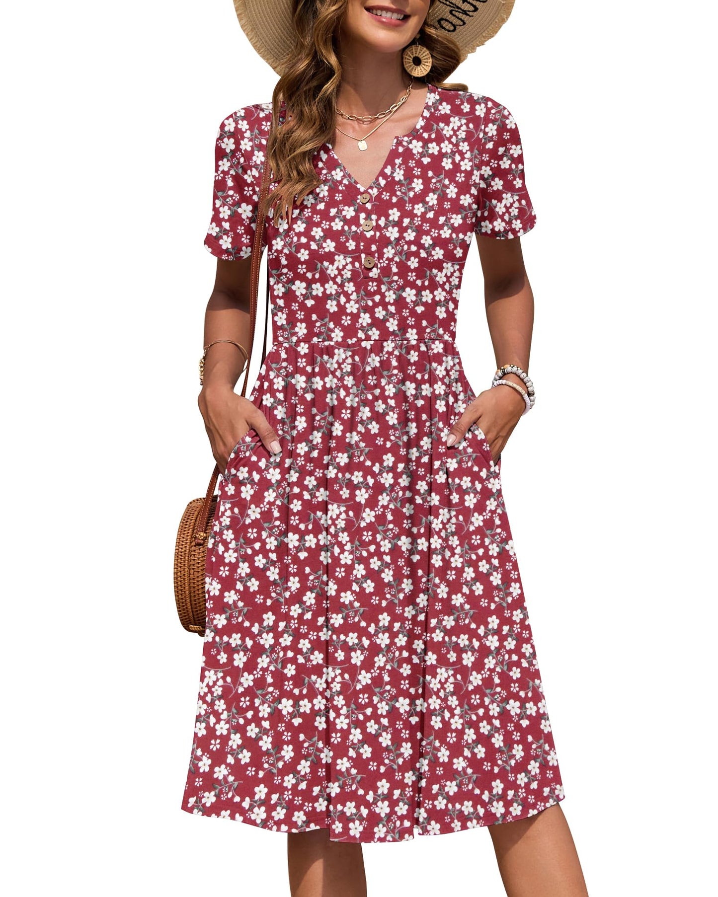 AUSELILY Women's Short Sleeve Summer Dress Knee Length Pockets | V Neck, Empire Casual Style, Button Down Dresses