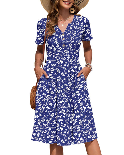 AUSELILY Women's Short Sleeve Summer Dress Knee Length Pockets | V Neck, Empire Casual Style, Button Down Dresses