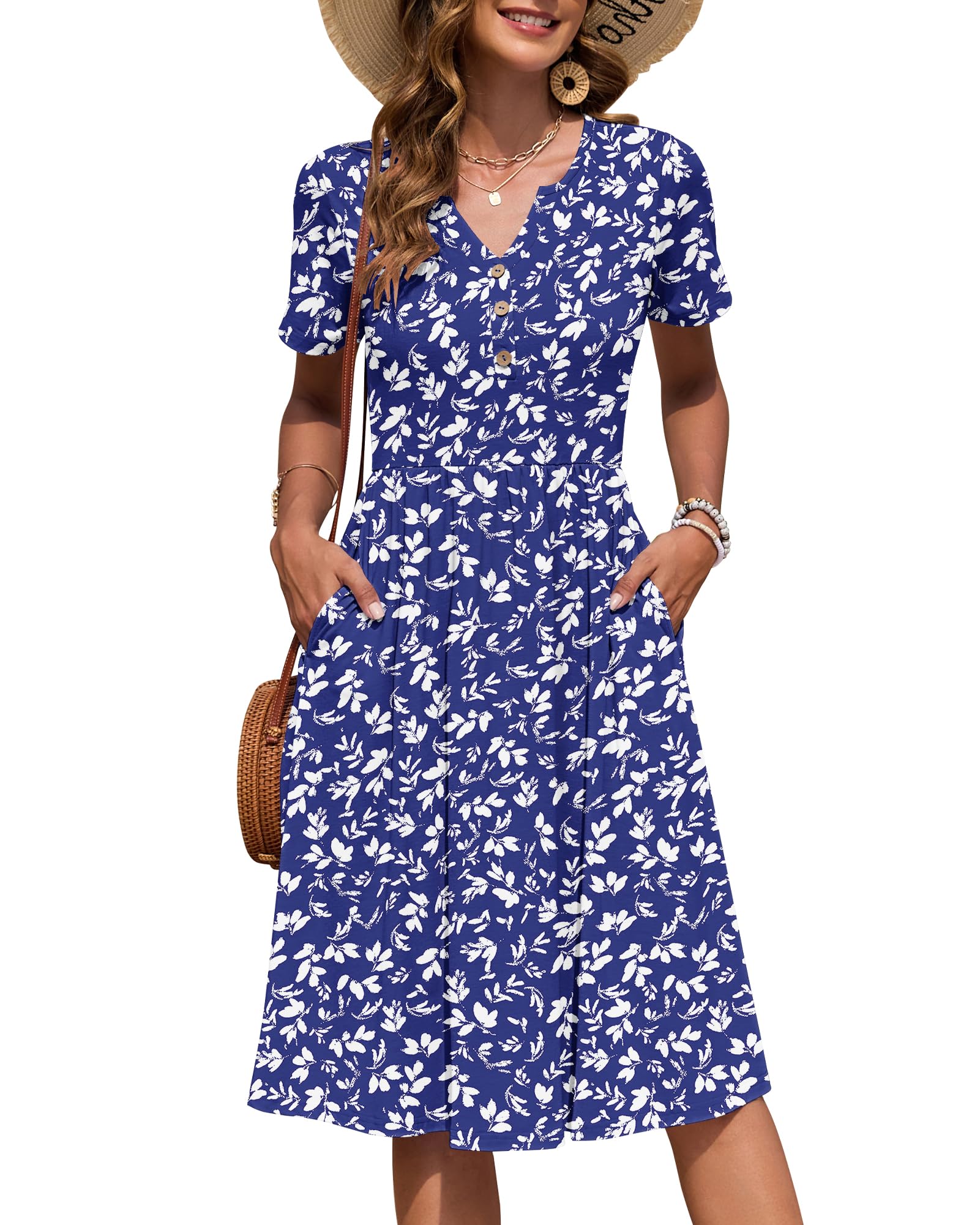 AUSELILY Women's Short Sleeve Summer Dress Knee Length Pockets | V Neck, Empire Casual Style, Button Down Dresses