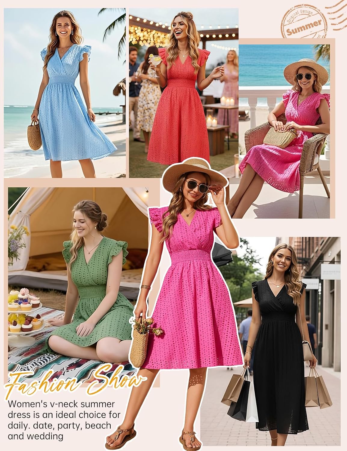 Dresses Summer Women Sleeveless Dresses Short V Neck Cotton Elegant Ruffle Sleeve Dress High Elastic Waist Mini Beach Dress Loose Casual with Pockets
