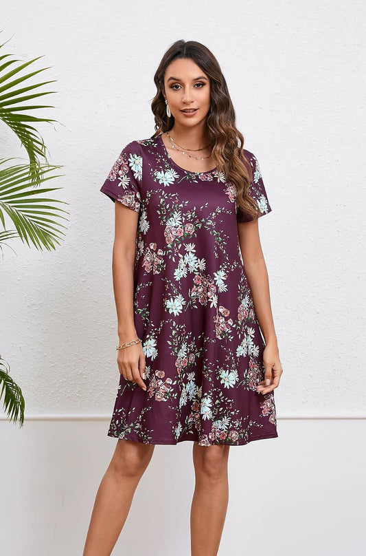 Enmain T-shirt Dress Women Short Sleeve Tunic Dress Summer with Pockets Casual Boho Knee Length Dresses for Women