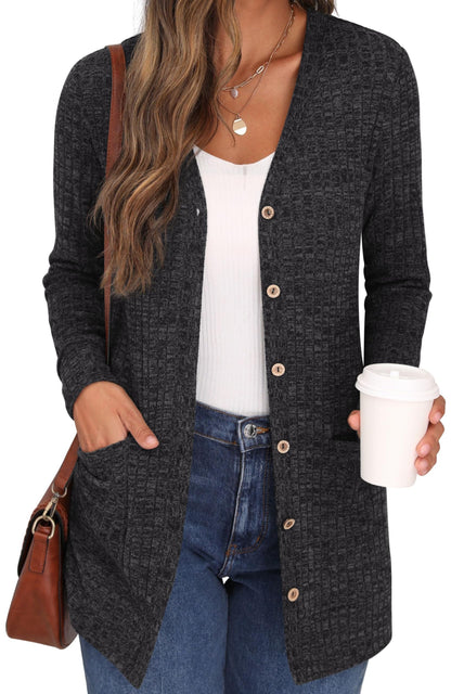 GRECERELLE Cardigã mulher elegante casaco de malha manga comprida decote em V bolsos botões estilo comprido