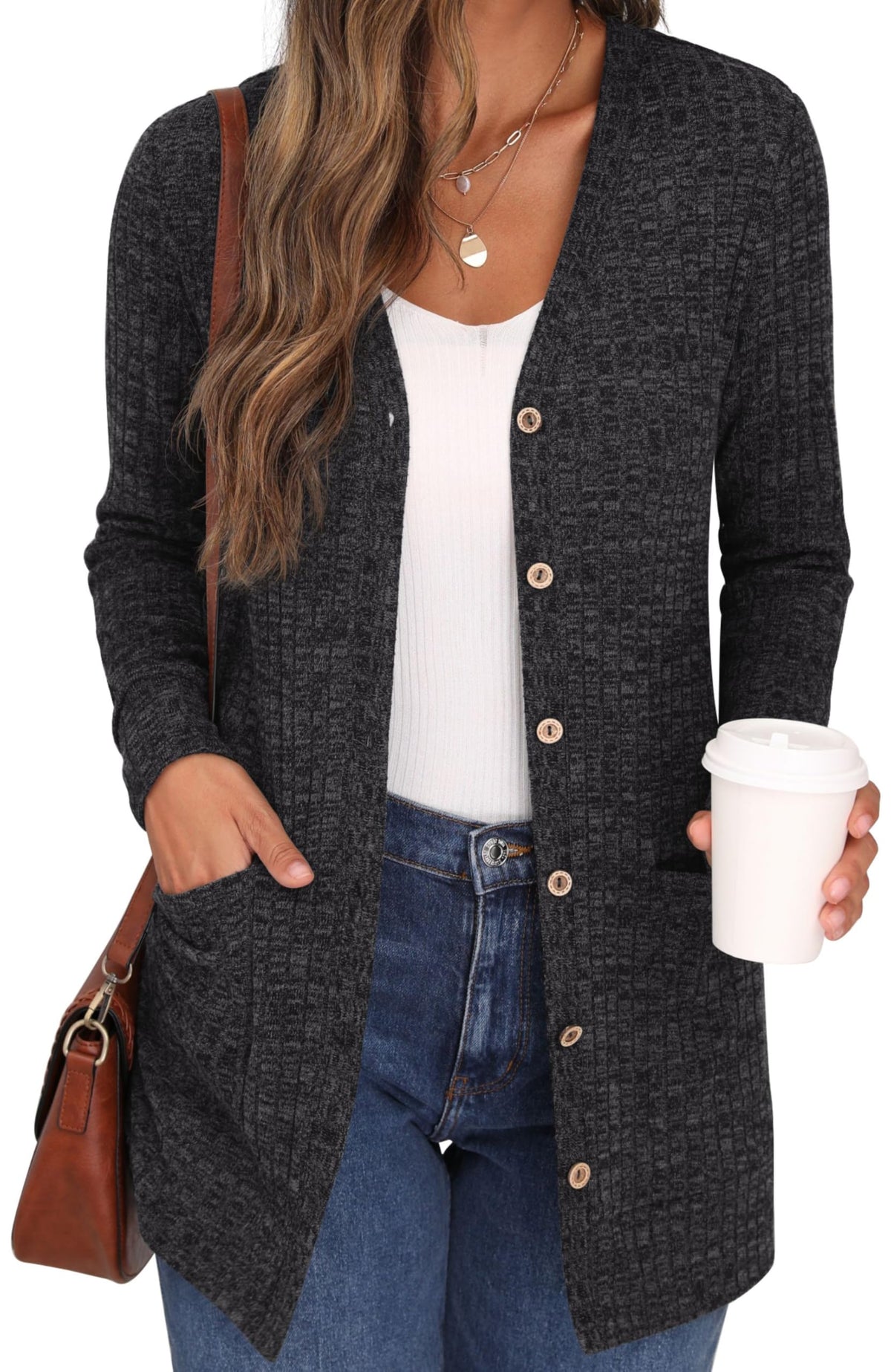 GRECERELLE Cardigã mulher elegante casaco de malha manga comprida decote em V bolsos botões estilo comprido