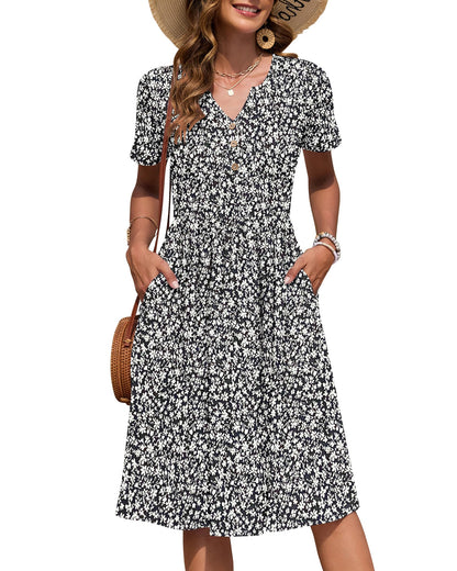 AUSELILY Women's Short Sleeve Summer Dress Knee Length Pockets | V Neck, Empire Casual Style, Button Down Dresses