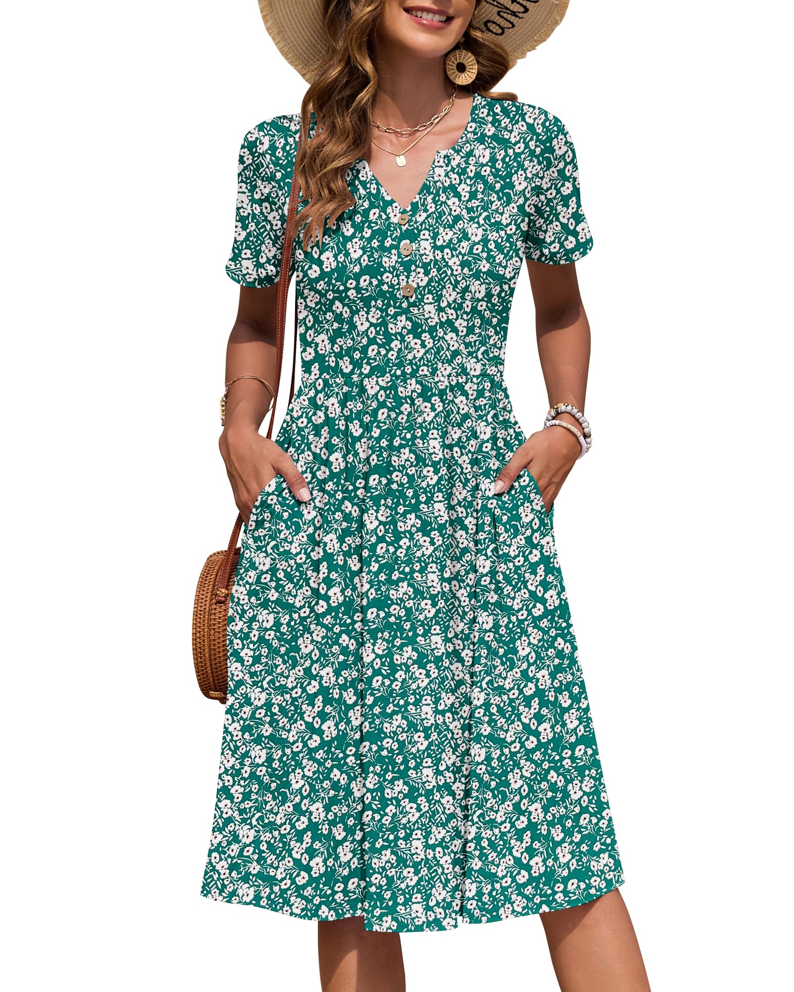 AUSELILY Women's Short Sleeve Summer Dress Knee Length Pockets | V Neck, Empire Casual Style, Button Down Dresses