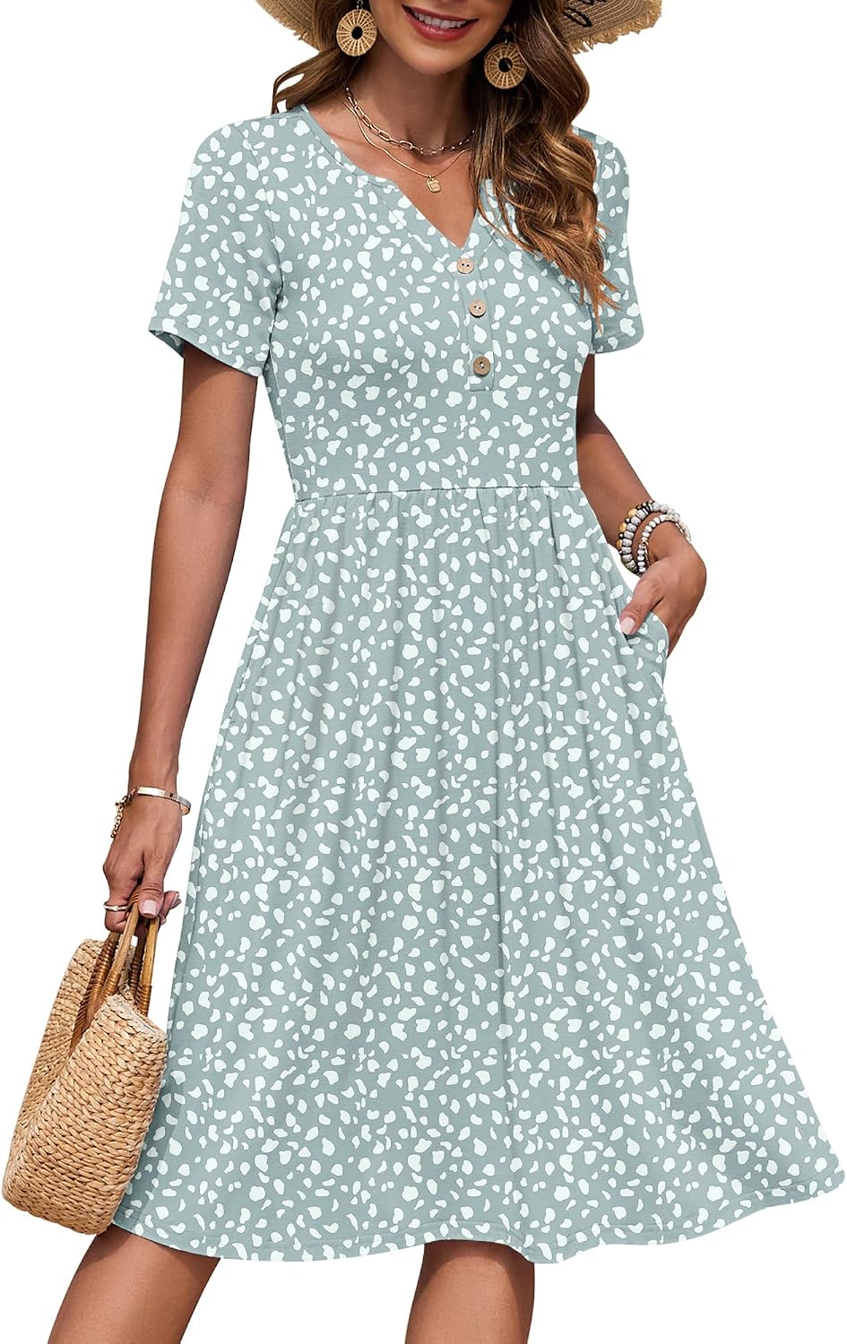 AUSELILY Women's Short Sleeve Summer Dress Knee Length Pockets | V Neck, Empire Casual Style, Button Down Dresses