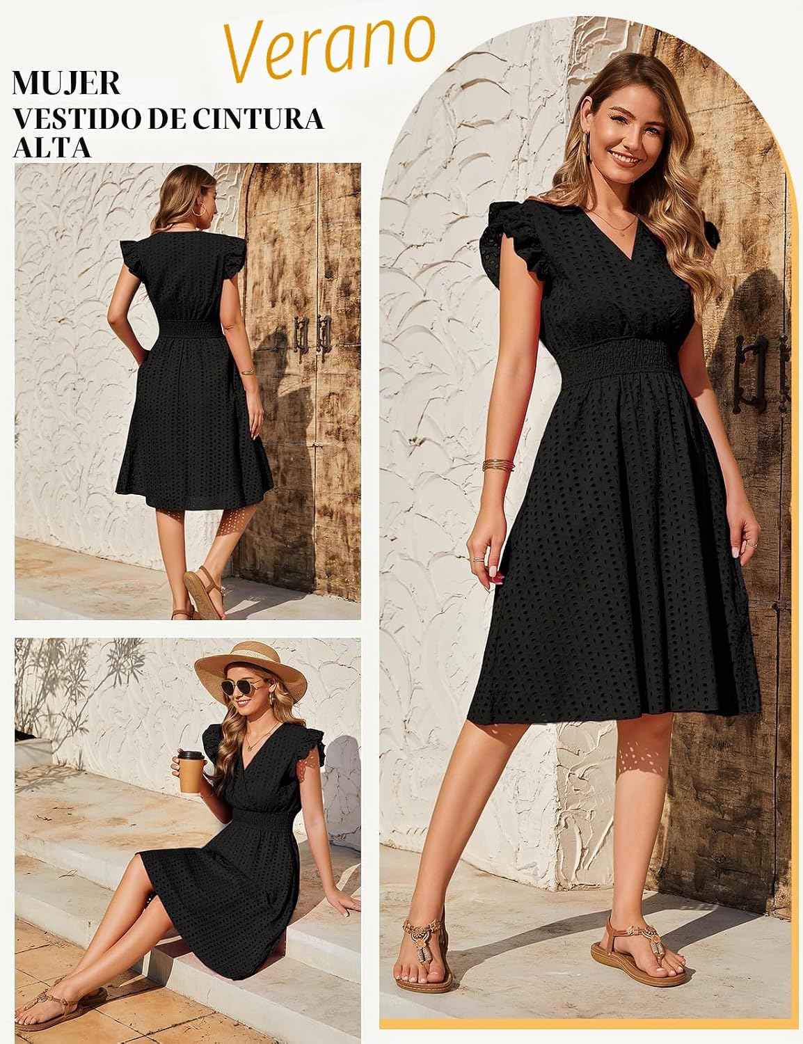 Dresses Summer Women Sleeveless Dresses Short V Neck Cotton Elegant Ruffle Sleeve Dress High Elastic Waist Mini Beach Dress Loose Casual with Pockets