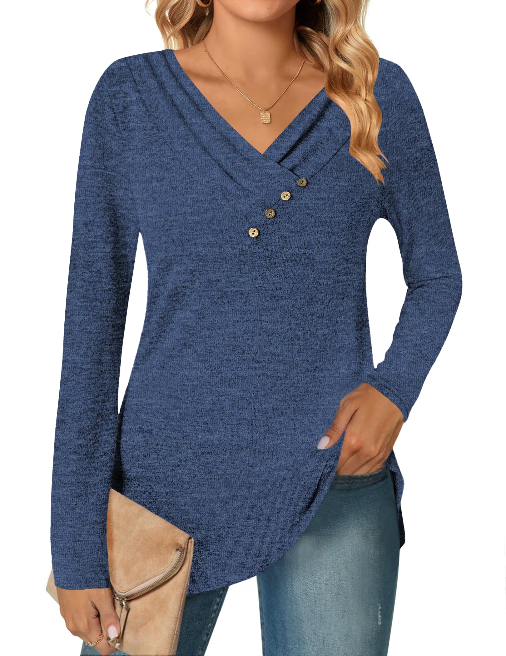 DUOEASE Camisetas de Manga Larga para Cuello en V Mujer Otoño Invierno Jersey Elegantes Básica Blusas
