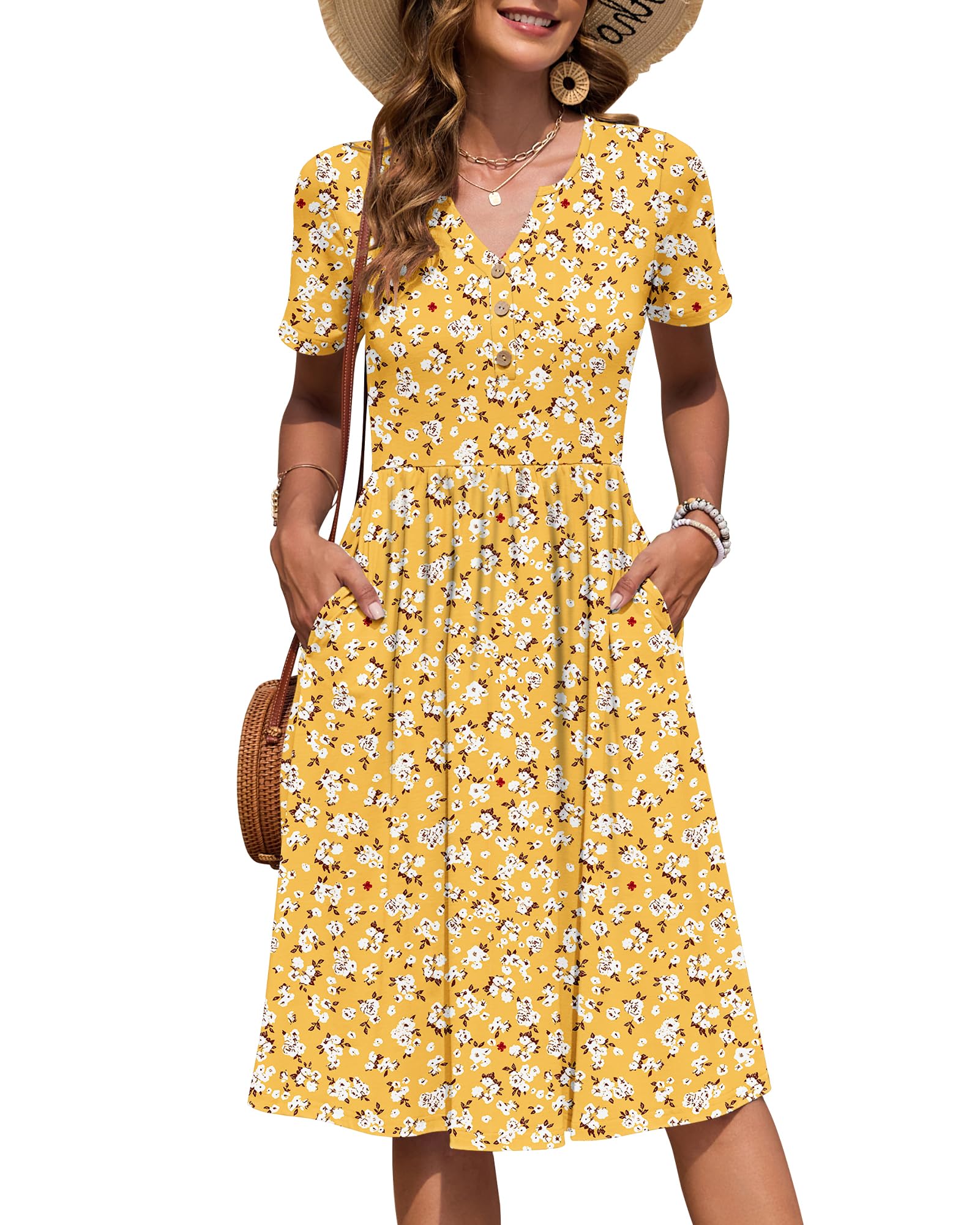 AUSELILY Women's Short Sleeve Summer Dress Knee Length Pockets | V Neck, Empire Casual Style, Button Down Dresses