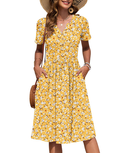 AUSELILY Women's Short Sleeve Summer Dress Knee Length Pockets | V Neck, Empire Casual Style, Button Down Dresses