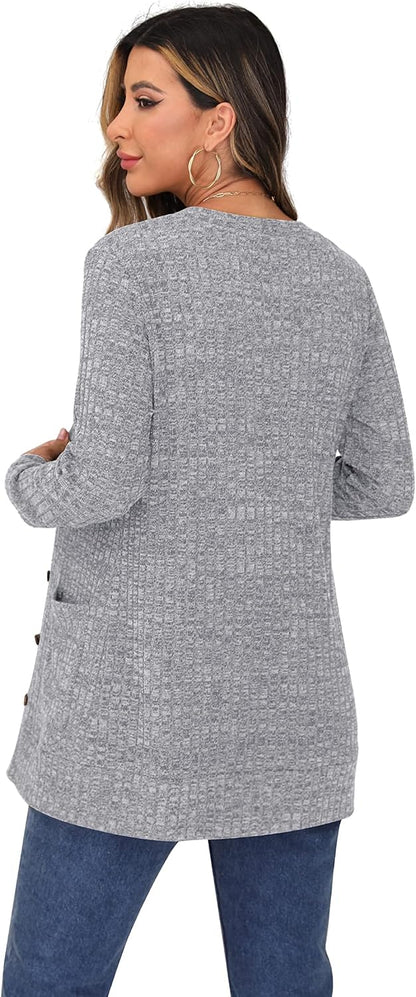 GRECERELLE Cardigã mulher elegante casaco de malha manga comprida decote em V bolsos botões estilo comprido
