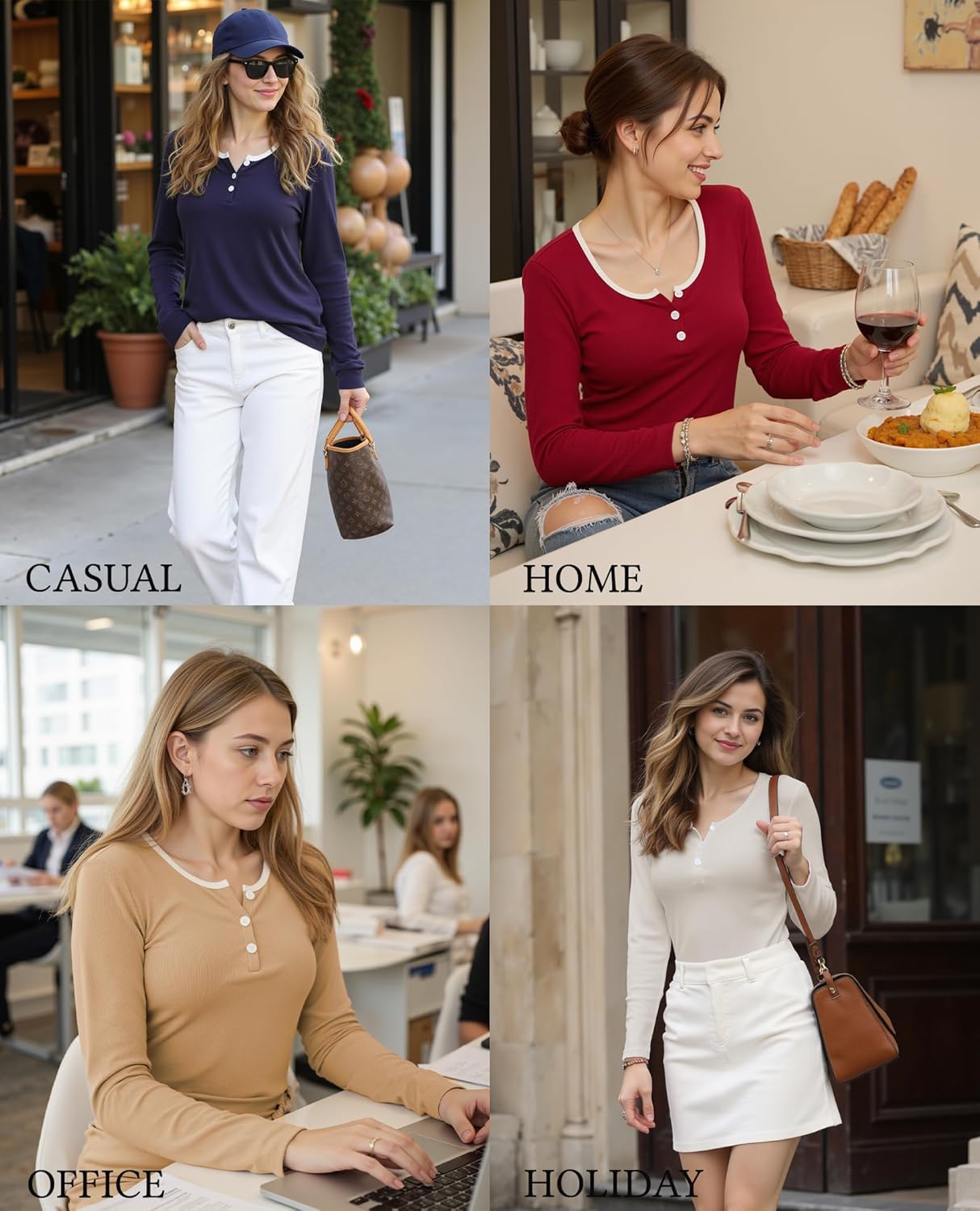 Wayleb Camiseta Manga Larga Mujer Elegante Tops Cuello Redondo con Botones Algodón Acanalada Camisetas Casual Básico Túnica Top S-3XL