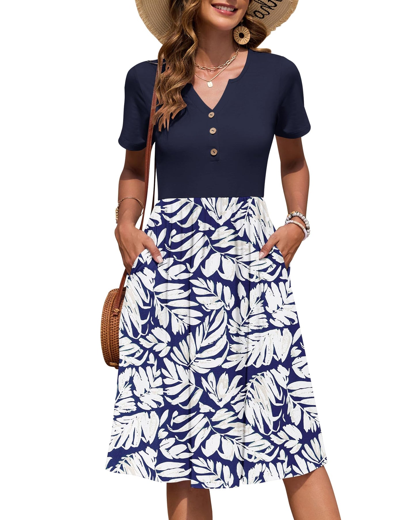 AUSELILY Women's Short Sleeve Summer Dress Knee Length Pockets | V Neck, Empire Casual Style, Button Down Dresses