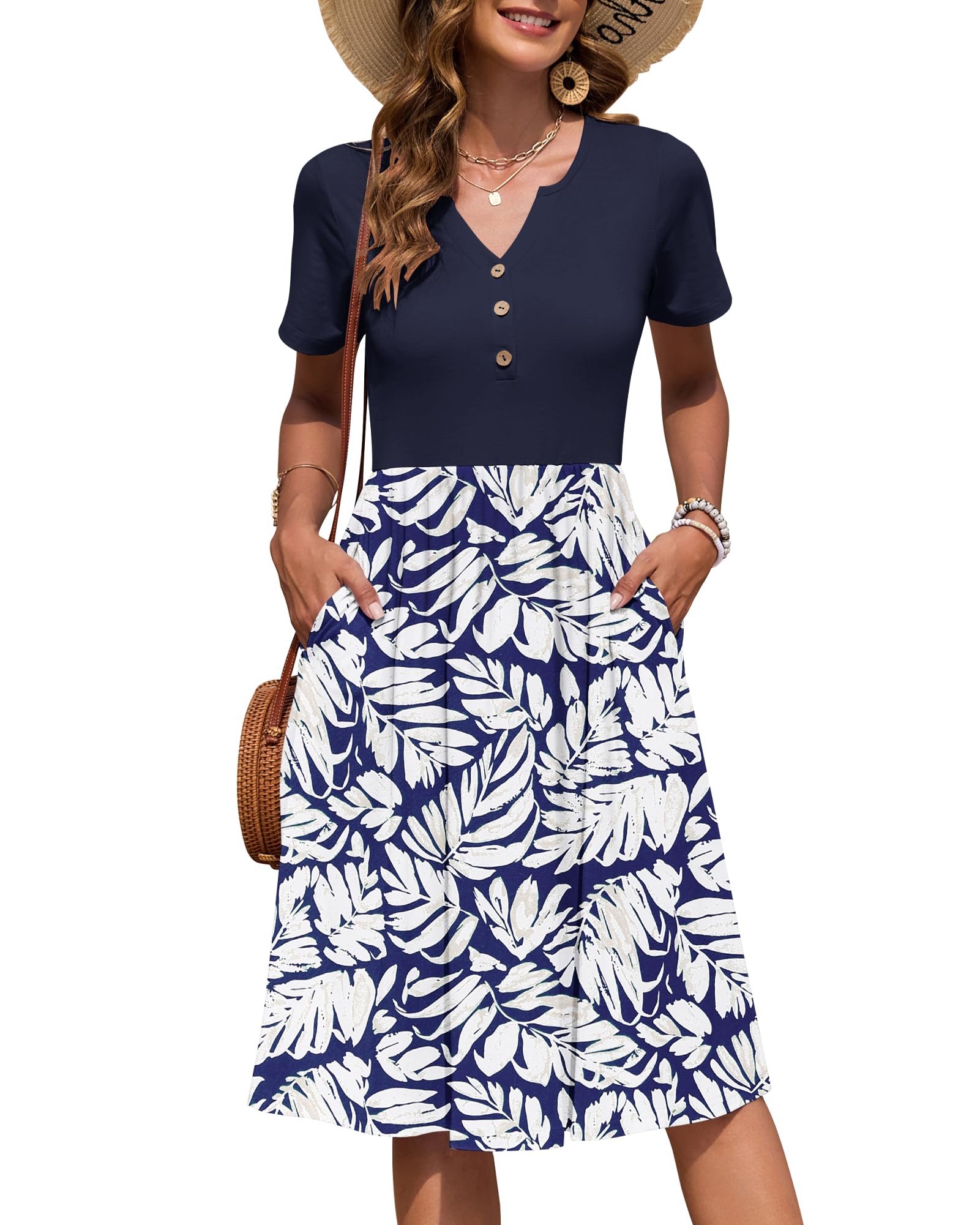 AUSELILY Women's Short Sleeve Summer Dress Knee Length Pockets | V Neck, Empire Casual Style, Button Down Dresses