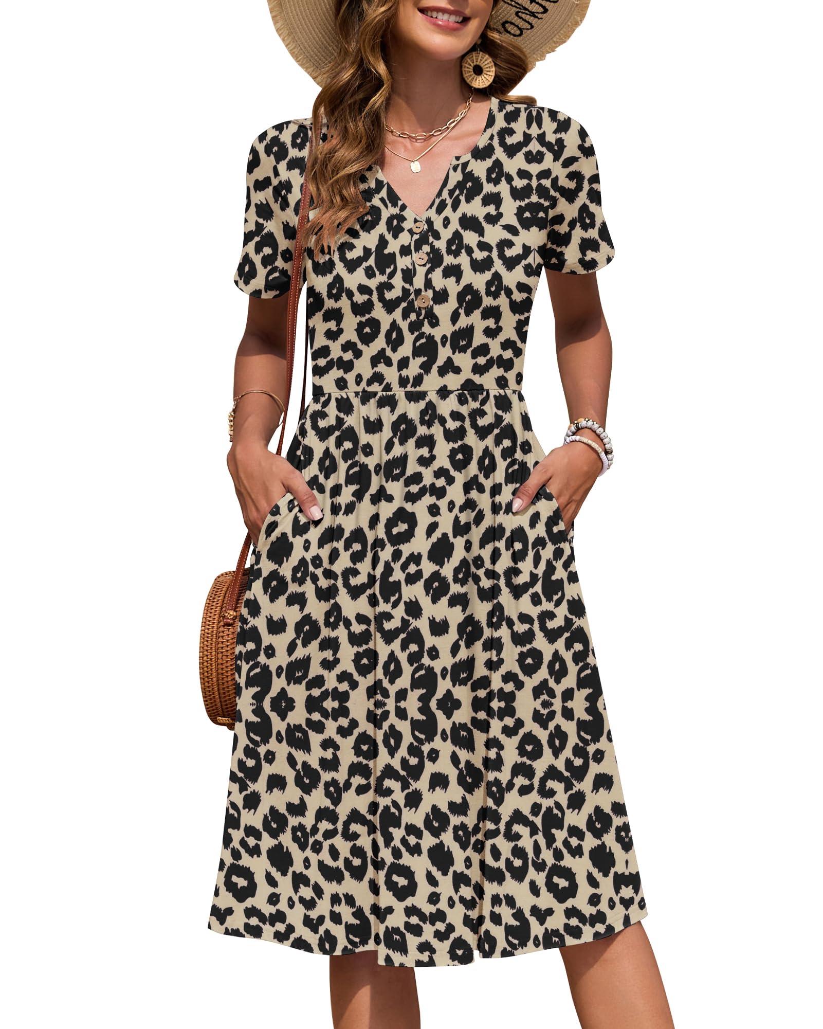 AUSELILY Women's Short Sleeve Summer Dress Knee Length Pockets | V Neck, Empire Casual Style, Button Down Dresses