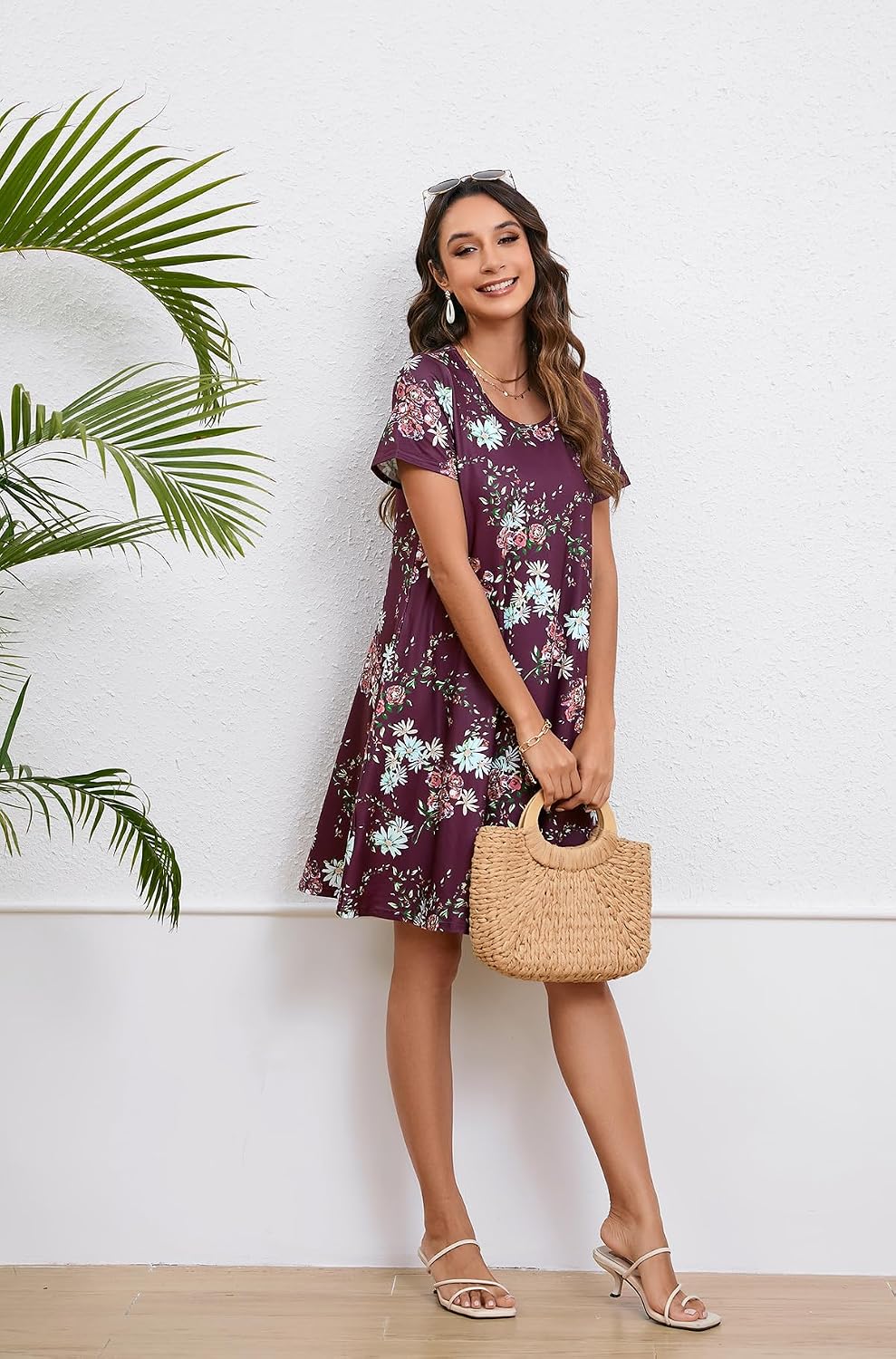 Enmain T-shirt Dress Women Short Sleeve Tunic Dress Summer with Pockets Casual Boho Knee Length Dresses for Women
