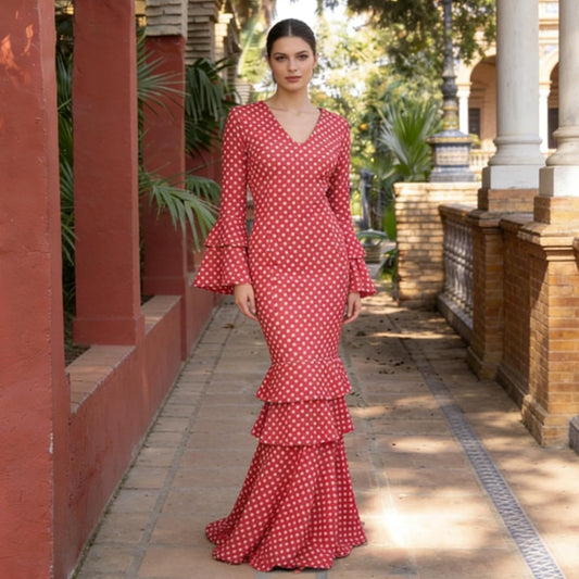 Flamenco Dress Woman Long - Sevillana Adult with Polka Dots and Bell Sleeves - Elegant Andalusian Costume for Fair and Dance