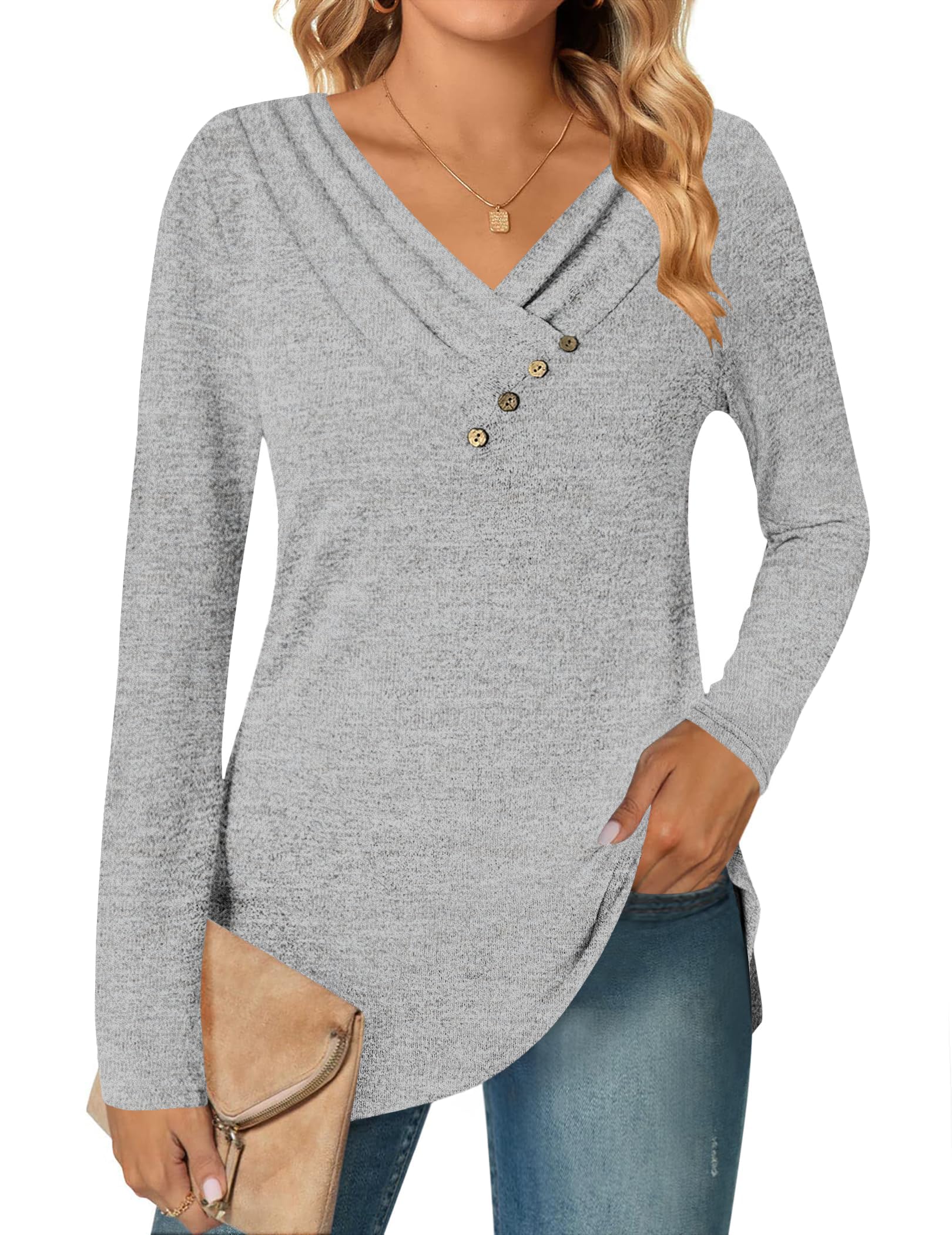 DUOEASE Camisetas de Manga Larga para Cuello en V Mujer Otoño Invierno Jersey Elegantes Básica Blusas