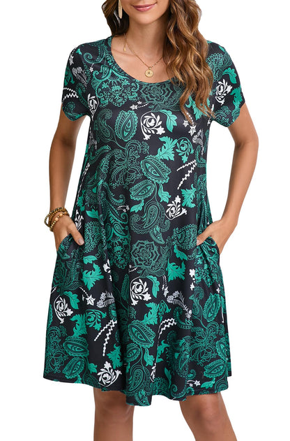 Enmain T-shirt Dress Women Short Sleeve Tunic Dress Summer with Pockets Casual Boho Knee Length Dresses for Women