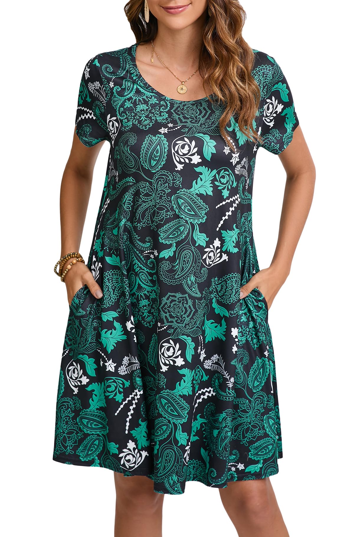 Enmain T-shirt Dress Women Short Sleeve Tunic Dress Summer with Pockets Casual Boho Knee Length Dresses for Women